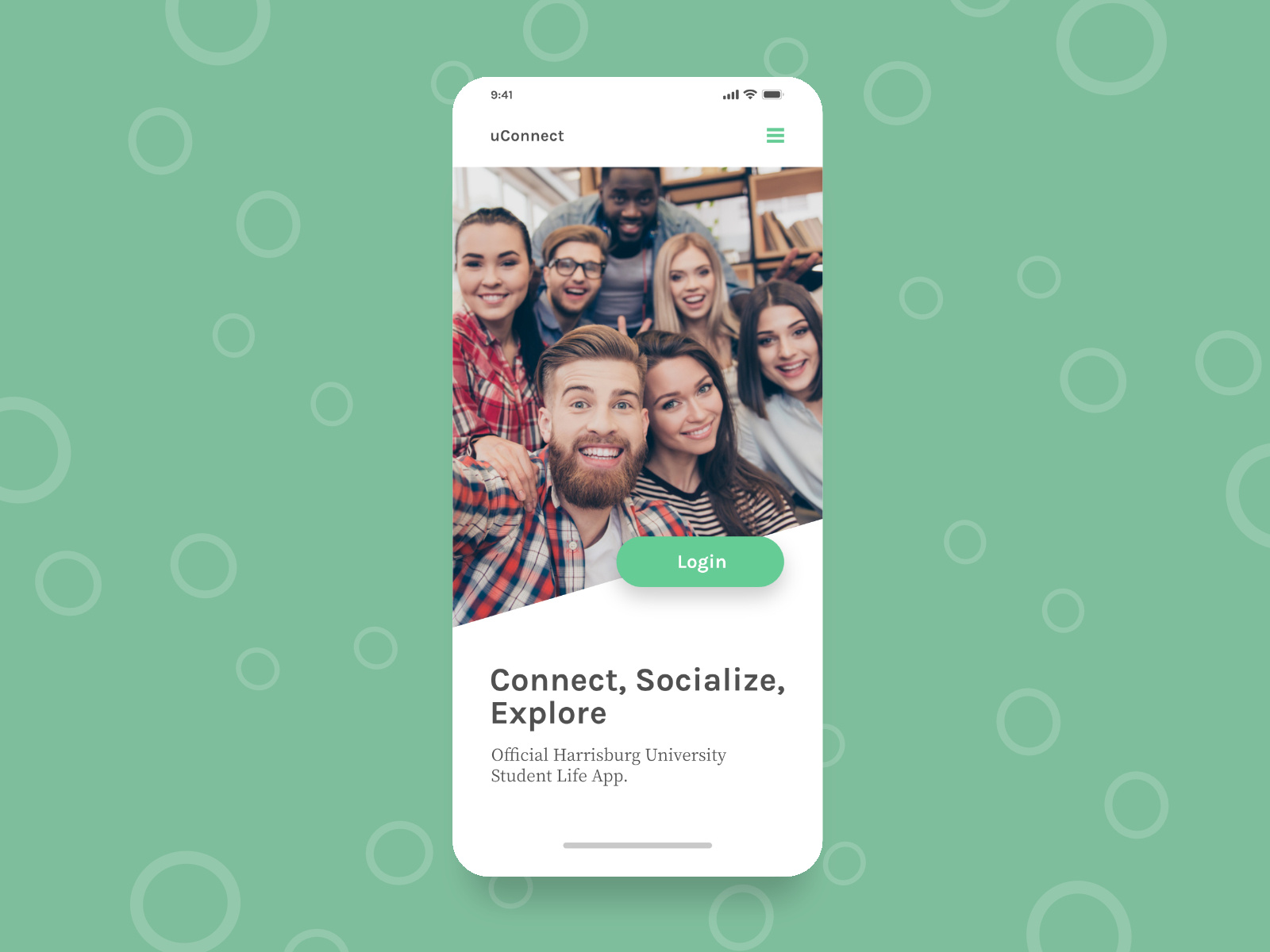 A mock up landing page for You Connect web app. Featuring a login button and an image with several college students smiling.
