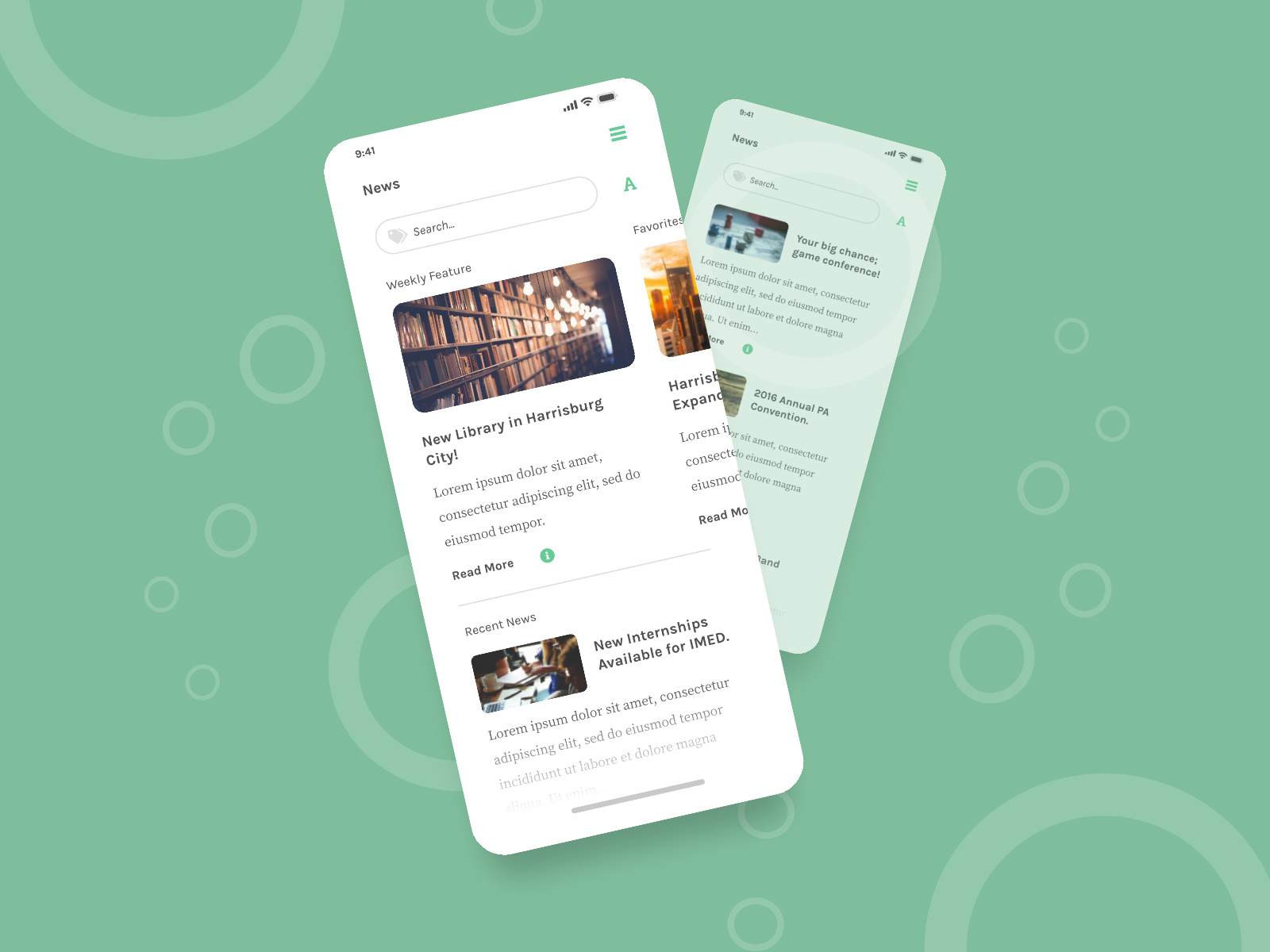 A mock up featuring a news from college students. The top head line reads, New Library in Harrisburg City! The associated image is a picture of books on a shelf with lots of lights.