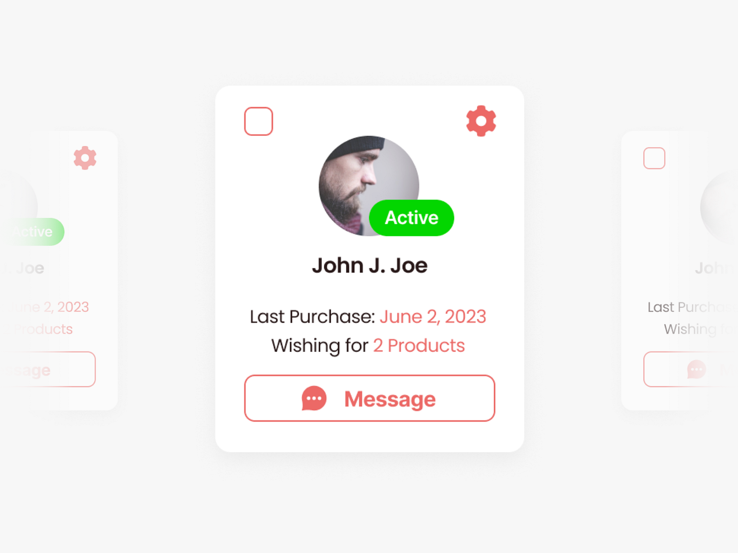 A mockup card featuring an image of a man with a beard and a red scarf. The card says the person is active, and last made a purchase on une 2nd, 2023 with two products in his wishless. A button says message, with a chat bubble icon.