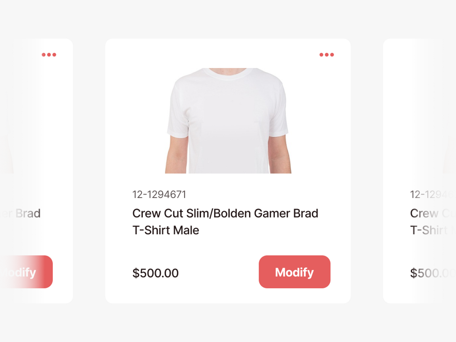 A mock up card featuring a white crew neck t-shirt at a price of $500.00 dollars.