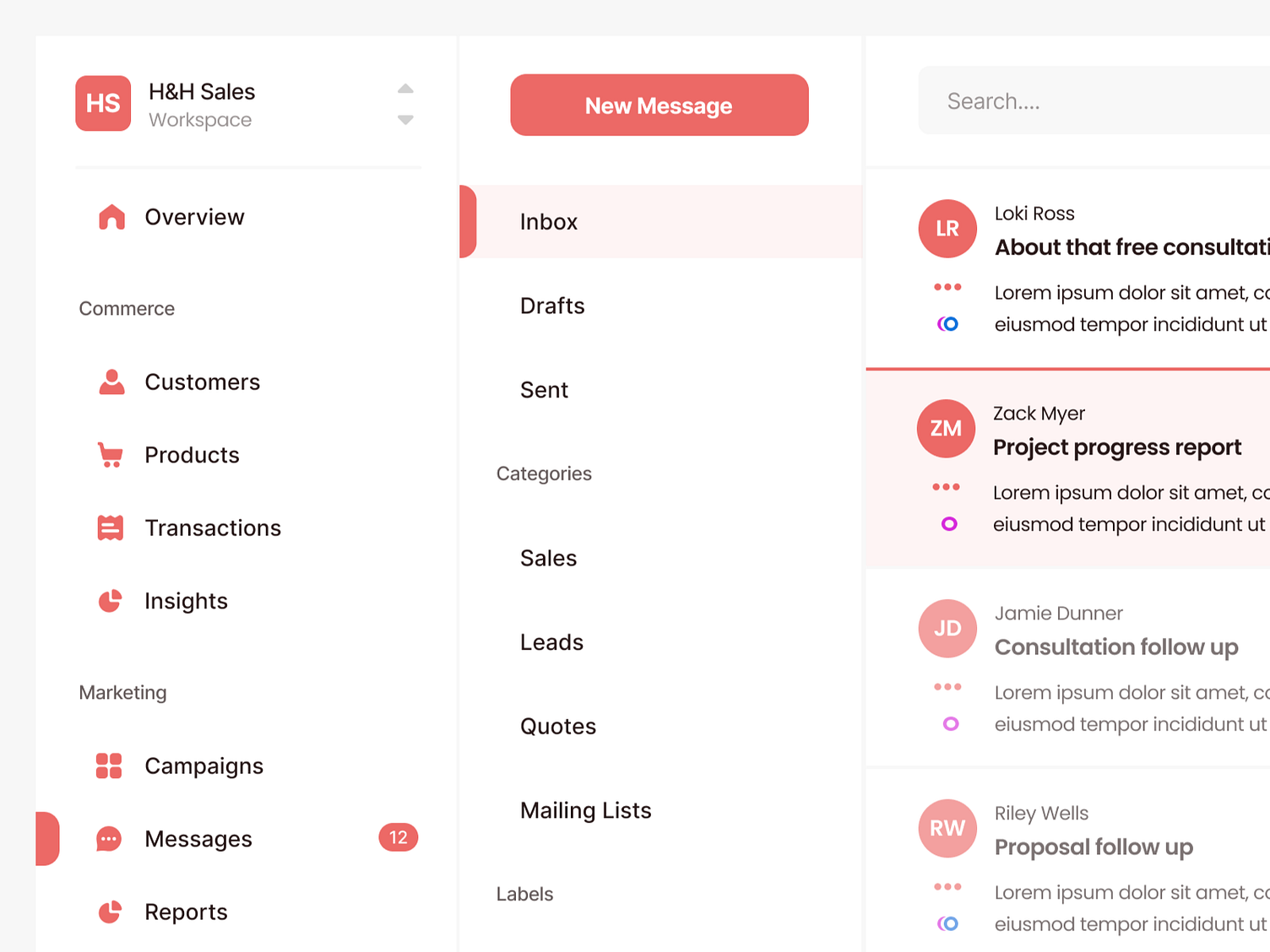 A mock up email user interface with various categories and messages from random people. The text runs of the page and is incomplete.