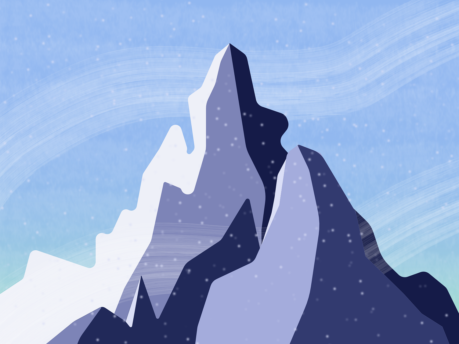 A snowy mountain top with wind blowing between the mountains.