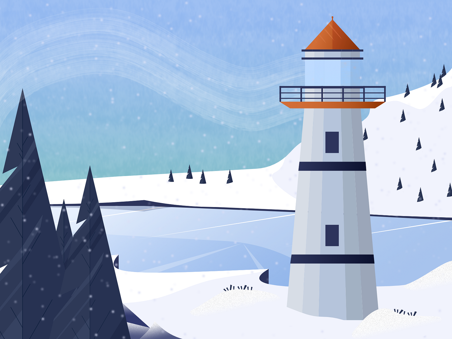 A frozen link with snow falling all around. A metalic lighthouse with a overlooks the frozen water.